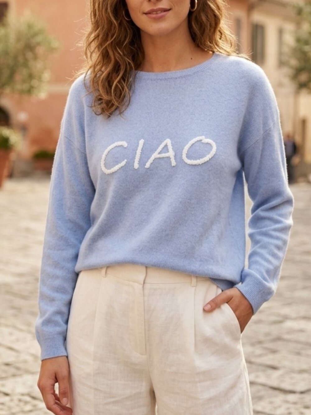 Bartolini Wool Cashmere CIAO Crewneck Pullover Blue White Knit Sweater Size XL